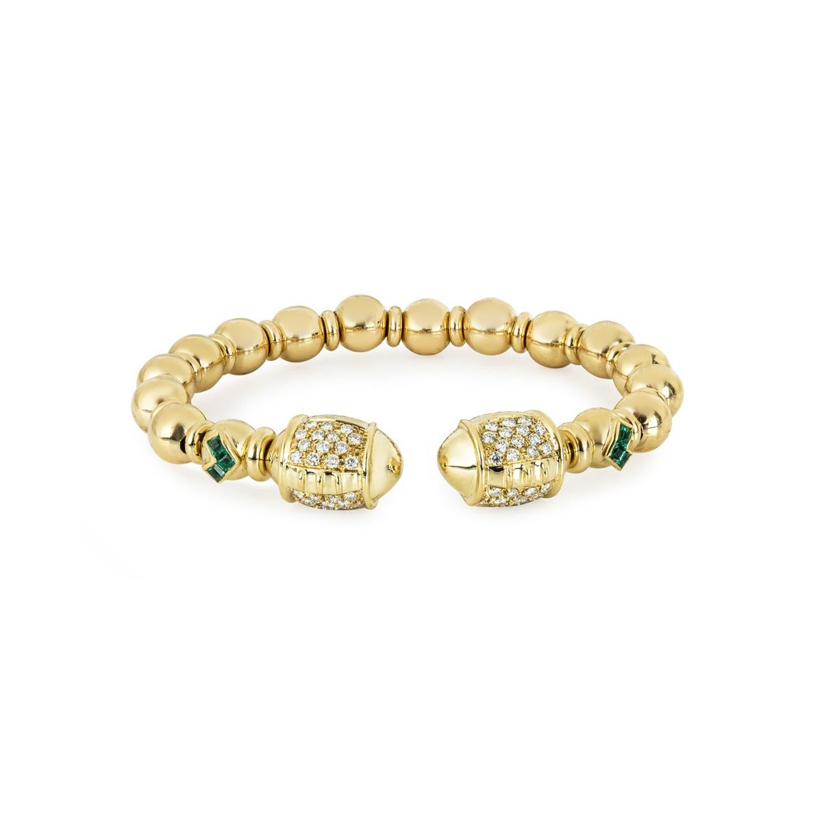 Square Cut Yellow Gold Diamond & Emerald Cuff Bangle