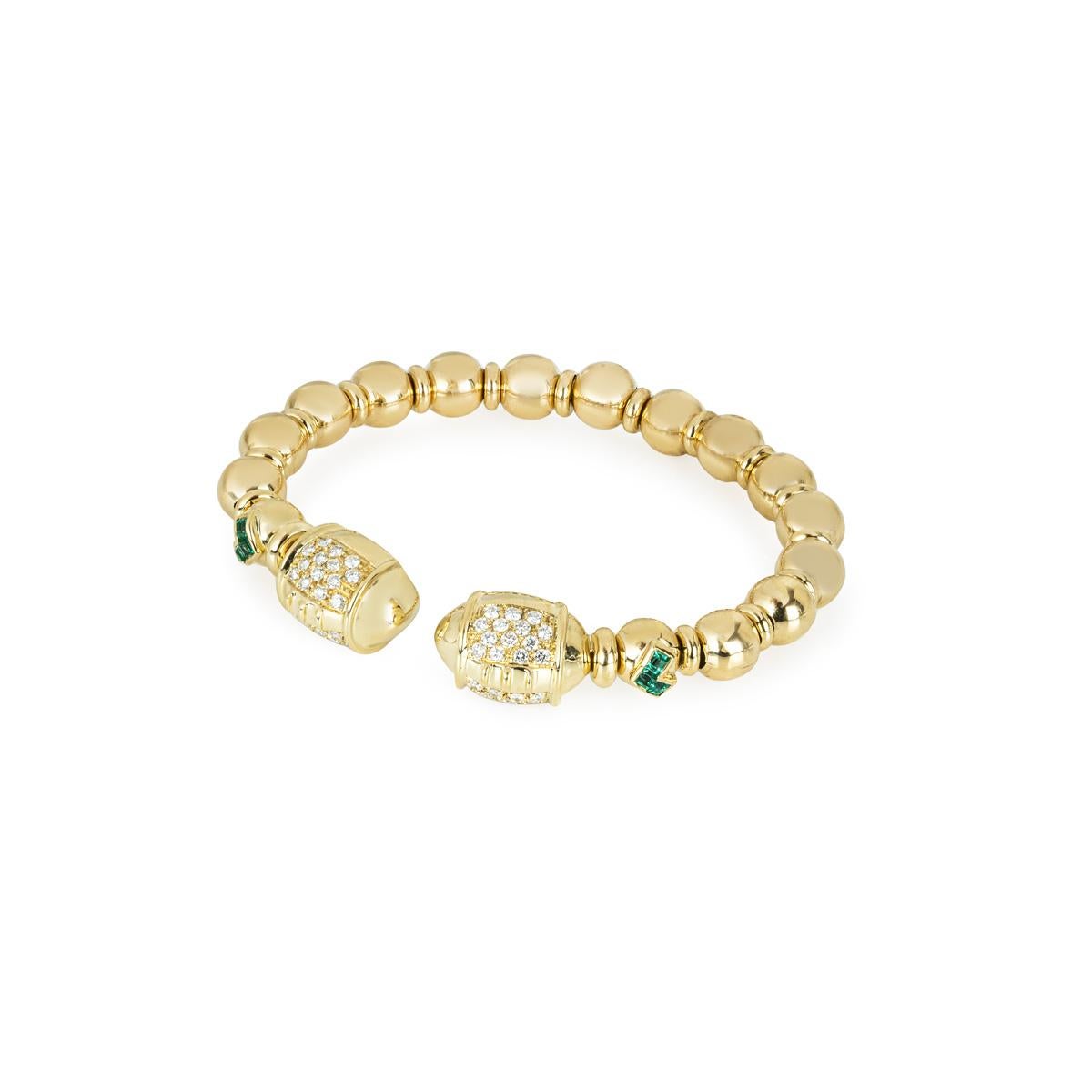 Yellow Gold Diamond & Emerald Cuff Bangle In Excellent Condition In London, GB