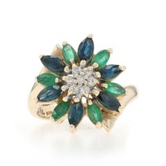 Yellow Gold Diamond Emerald Sapphire Cluster Halo Bypass Ring 14k 2.09ctw Flower