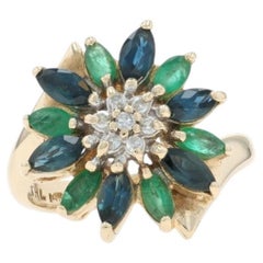 Yellow Gold Diamond Emerald Sapphire Cluster Halo Bypass Ring 14k 2.09ctw Flower