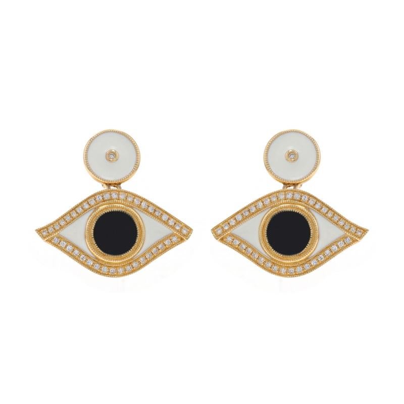 Yellow Gold Diamond Enamel Evil Eye Dangle Earrings 14k Single .20ctw All-Seeing