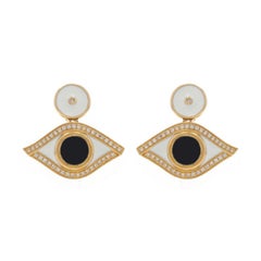 Yellow Gold Diamond Enamel Evil Eye Dangle Earrings 14k Single .20ctw All-Seeing
