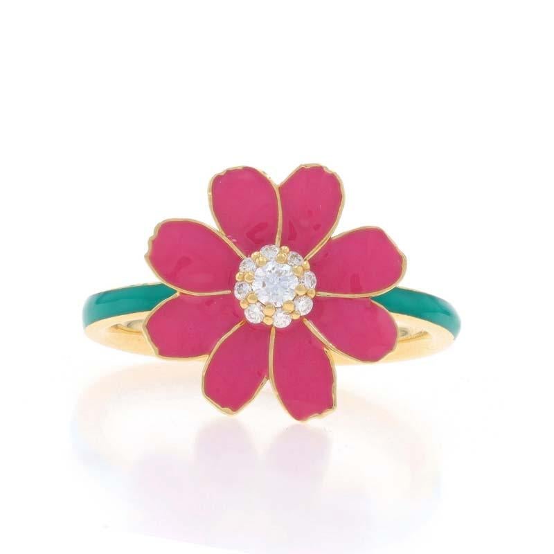 Size: 7

Metal Content: 18k Yellow Gold

Stone Information
Natural Diamonds
Carat(s): .12ctw
Cut: Round Brilliant
Color: G - H
Clarity: VS2 - SI1

Total Carats: .12ctw

Material Information
Enamel
Color: Purplish Pink & Green

Style: Cluster
Theme: