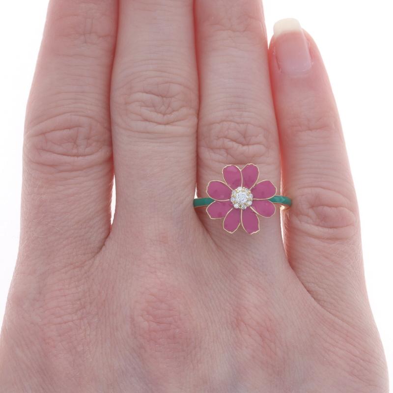 Round Cut Yellow Gold Diamond & Enamel Flower Ring - 18k Round .12ctw Blossom Cluster Sz 7 For Sale
