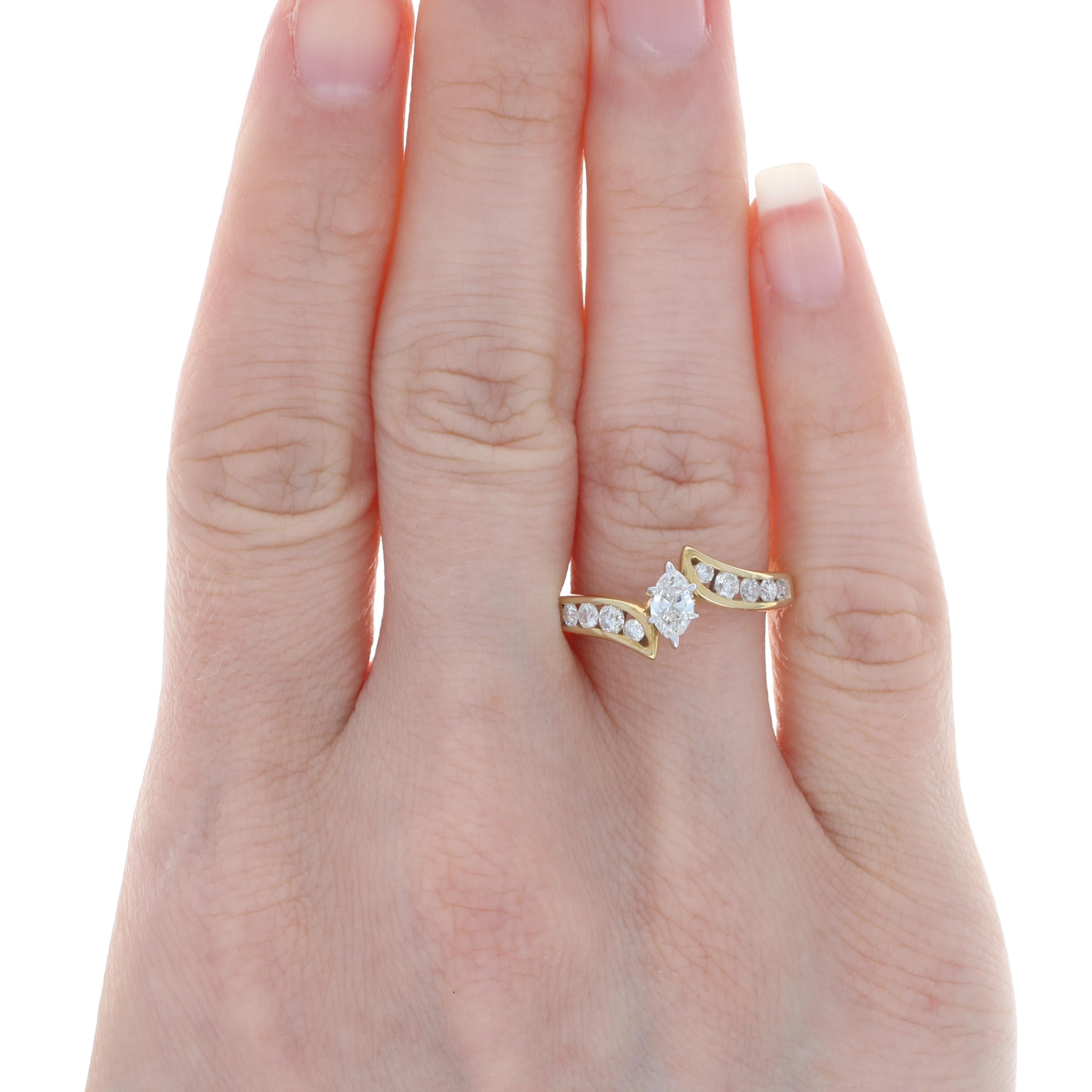 Uncut Yellow Gold Diamond Engagement Bypass Ring, 14k Marquise Brilliant .70ctw For Sale