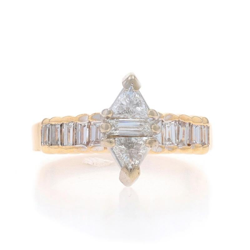 Size: 4
Sizing Fee: Up 1 size for $40

Metal Content: 14k Yellow Gold & 14k White Gold

Stone Information

Natural Diamonds
Carat(s): 1.00ctw
Cut: Trillion and Baguette
Color: G - H
Clarity: SI1 - SI2

Total Carats: 1.00ctw

Style: Cluster with