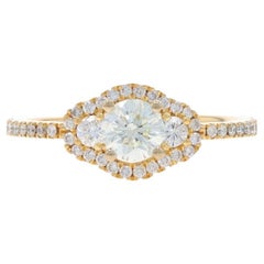 Yellow Gold Diamond Engagement Ring - 18k Round 1.00ctw Three-Stone Halo