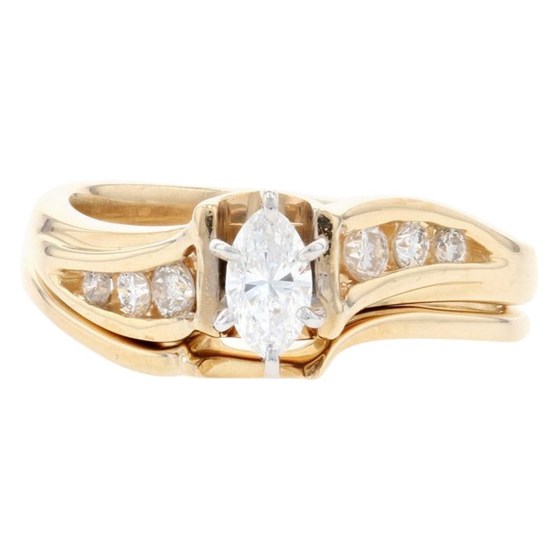 For Sale:  Yellow Gold Diamond Engagement Ring & Wedding Band, 14k Marquise Cut .32ctw