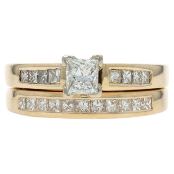 Yellow Gold Diamond Engagement Ring & Wedding Band - 14k Princess 1.08ctw