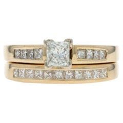 Yellow Gold Diamond Engagement Ring & Wedding Band - 14k Princess 1.08ctw