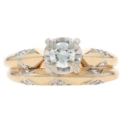 Yellow Gold Diamond Engagement Ring & Wedding Band - 14k Round .35ctw Vintage