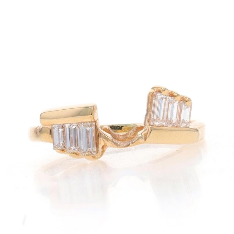 Size: 5
Sizing Fee: Up 2 sizes for $35 or Down 1 size for $35

Metal Content: 14k Yellow Gold

Stone Information

Natural Diamonds
Carat(s): .38ctw
Cut: Baguette
Color: G
Clarity: VS1 - VS2

Total Carats: .38ctw

Center Opening (east to west):