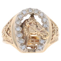 Gelbgold Diamant Reiter-Herrenring 10k Single .25ctw Pferdbüste Hufeisenring