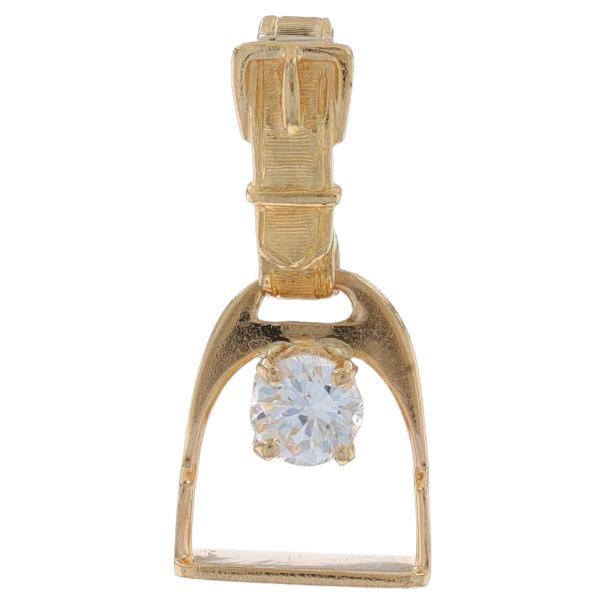 Yellow Gold Diamond Equestrian Stirrup Solitaire Pendant -14k Round .33ct Horses