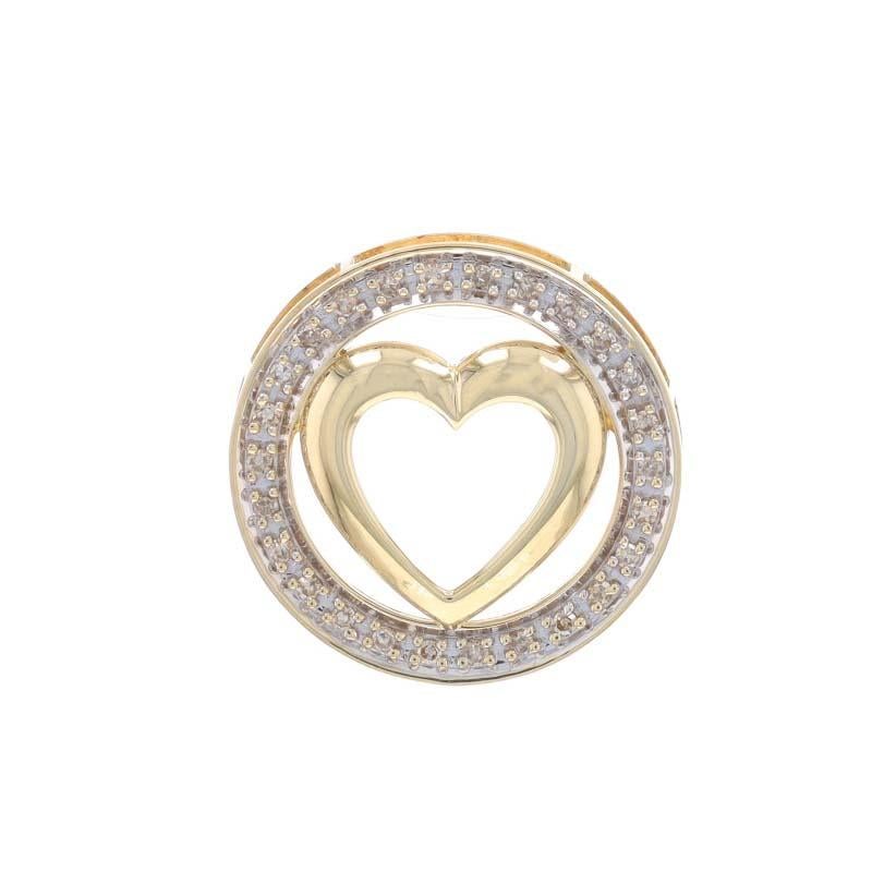 Metal Content: 14k Yellow Gold & 14k White Gold

Stone Information

Natural Diamonds
Carat(s): .15ctw
Cut: Single
Color: Champagne Brown
Clarity: SI1 - SI2

Total Carats: .15ctw

Theme: Eternity Heart, Love Circle

Measurements

Tall: 13/16
