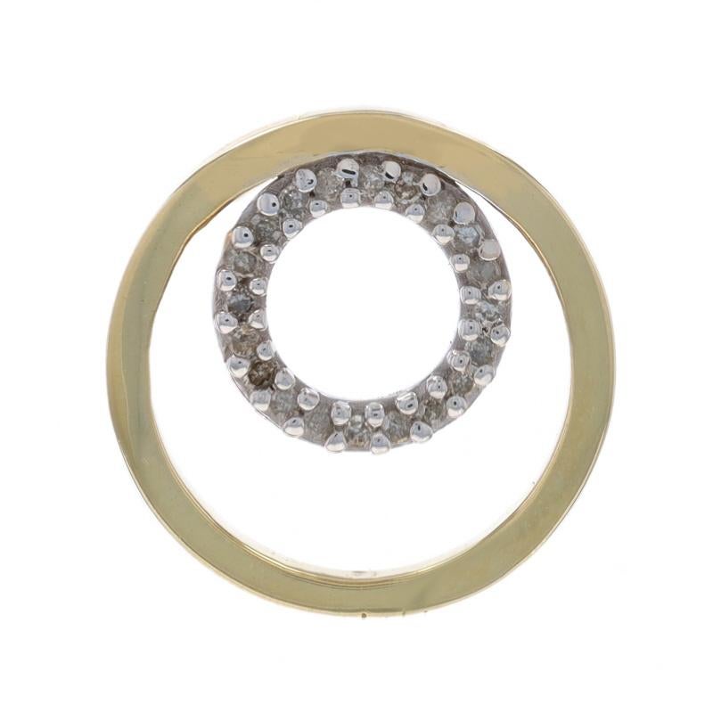 Metal Content: 10k Yellow Gold & 10k White Gold

Stone Information

Natural Diamonds
Carat(s): .10ctw
Cut: Round Brilliant
Color: J - K
Clarity: I1 - I2

Total Carats: .10ctw

Style: Eternity
Theme: Circle Duo Halo, Love

Measurements

Tall: 21/32