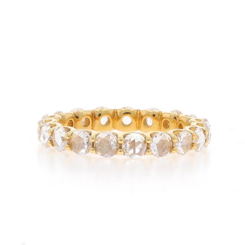 Size: 6 3/4

Metal Content: 18k Yellow Gold

Stone Information

Natural Diamonds
Carat(s): 1.90ctw
Cut: Rose
Color: G - H
Clarity: VS1 - VS2

Total Carats: 1.90ctw

Style: Eternity Wedding Band with Diamonds

Measurements

Face Height (north to