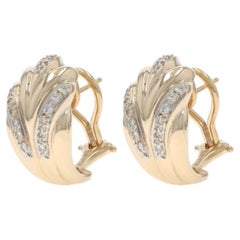 Yellow Gold Diamond Feather Fan J-Hoop Earrings 14k Round .15ctw Pierced