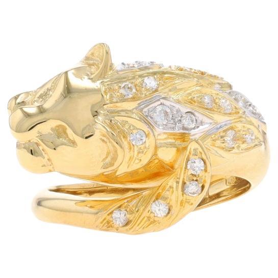 Yellow Gold Diamond Fierce Lion Cluster Bypass Ring -18k Rd.26ctw Big Cat Feline
