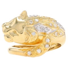 Yellow Gold Diamond Fierce Lion Cluster Bypass Ring -18k Rd.26ctw Big Cat Feline