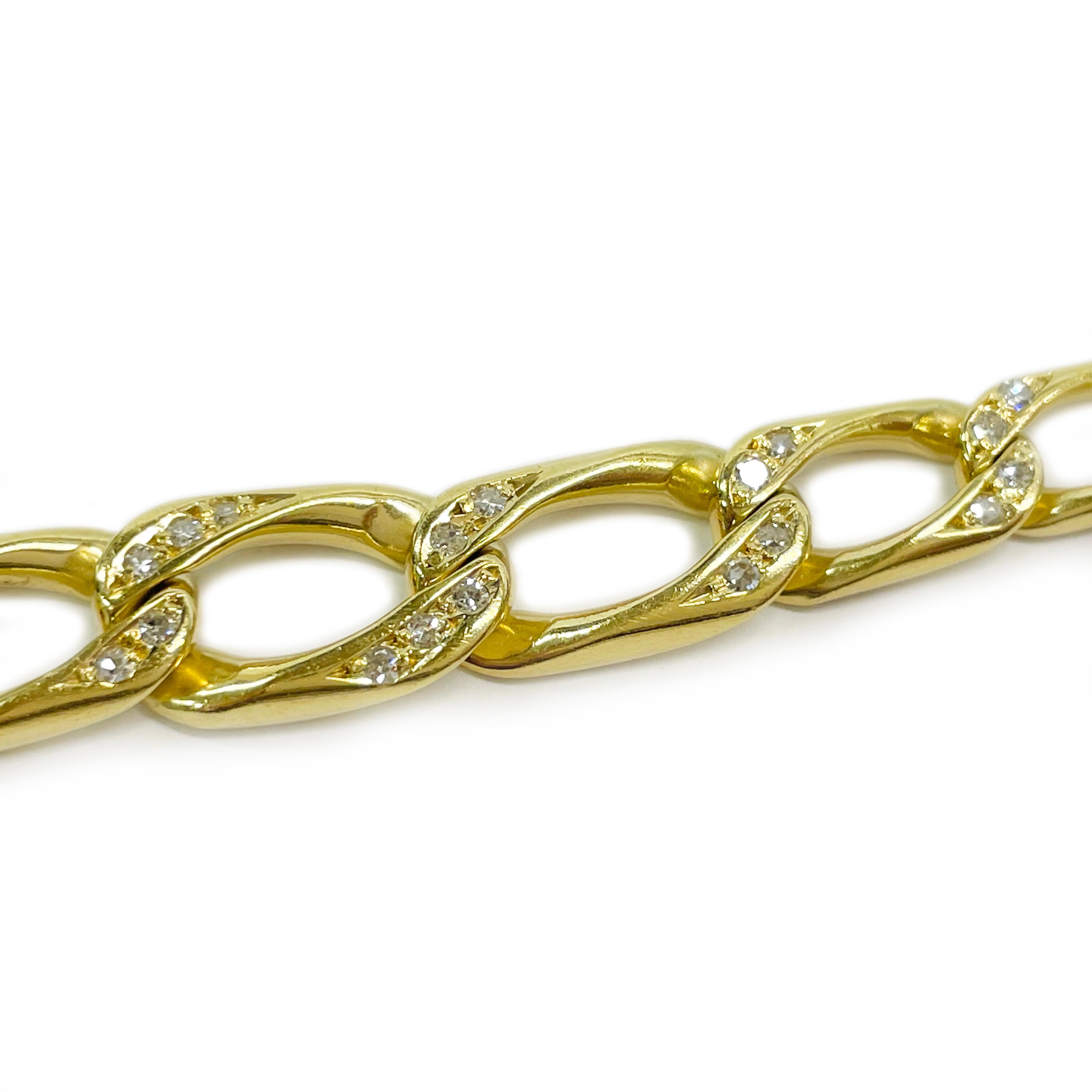 18 Karat Yellow Gold Diamond Figaro Link Bracelet. This bracelet features twenty-eight single-cut diamonds bead-set on two corners on the middle seven links. The diamonds measure 1.72mm each for a carat total weight 0.50ctw. The diamonds are SI1-SI2