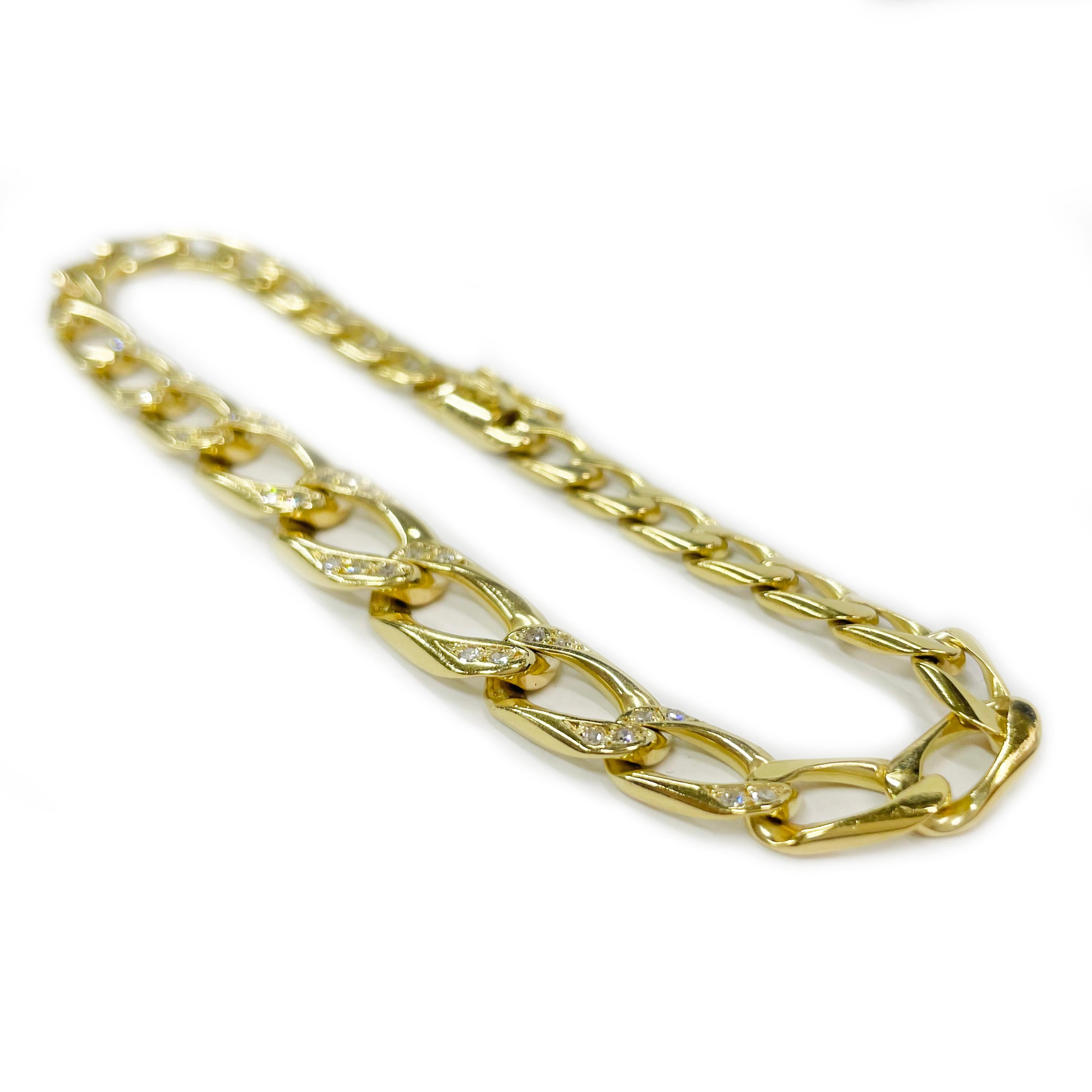Retro Yellow Gold Diamond Figaro Link Bracelet For Sale