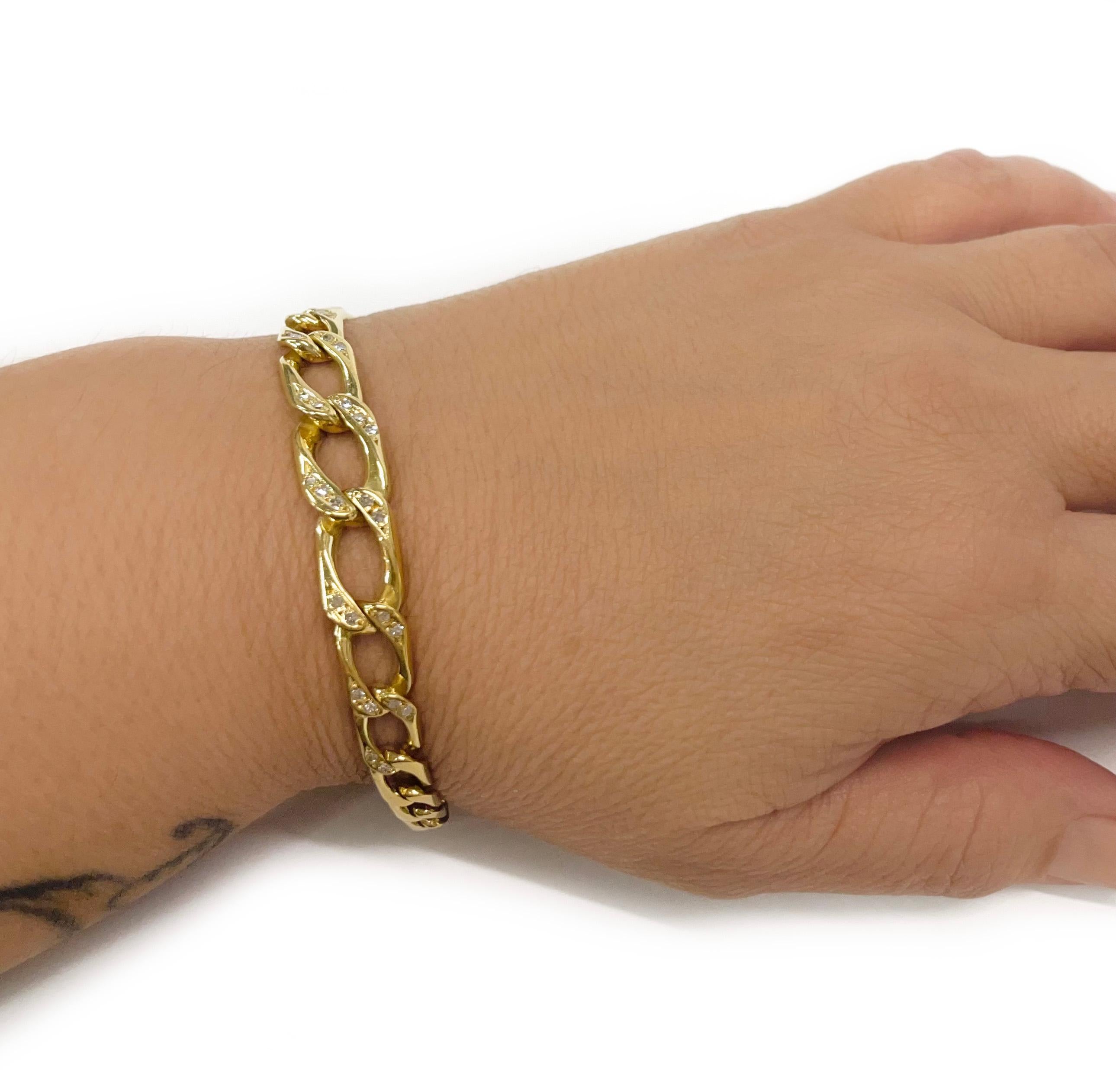 Yellow Gold Diamond Figaro Link Bracelet In Good Condition For Sale In Palm Desert, CA