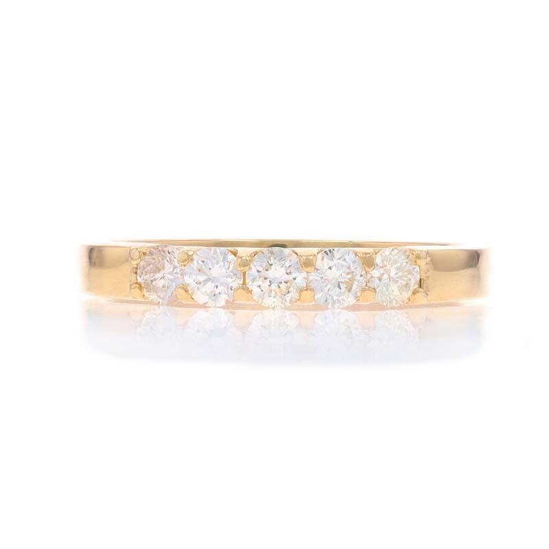 Size: 8 1/2
Sizing Fee: Up 2 sizes for $80 or Down 1 1/2 sizes for $40

Metal Content: 18k Yellow Gold

Stone Information

Natural Diamonds
Carat(s): .50ctw
Cut: Round Brilliant
Color: H - I
Clarity: I1

Total Carats: .50ctw

Style: Five-Stone