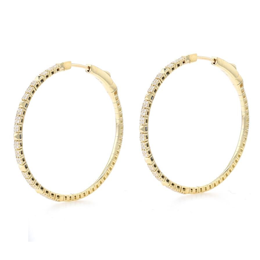 Metal Content: 14k Yellow Gold

Stone Information
Natural Diamonds
Carat(s): .43ctw
Cut: Round Brilliant
Color: F - G
Clarity: SI1 - SI2

Total Carats: .43ctw

Style: Flex Hoop
Fastening Type: Locking Snap Closures

Measurements
Tall: 1 15/32