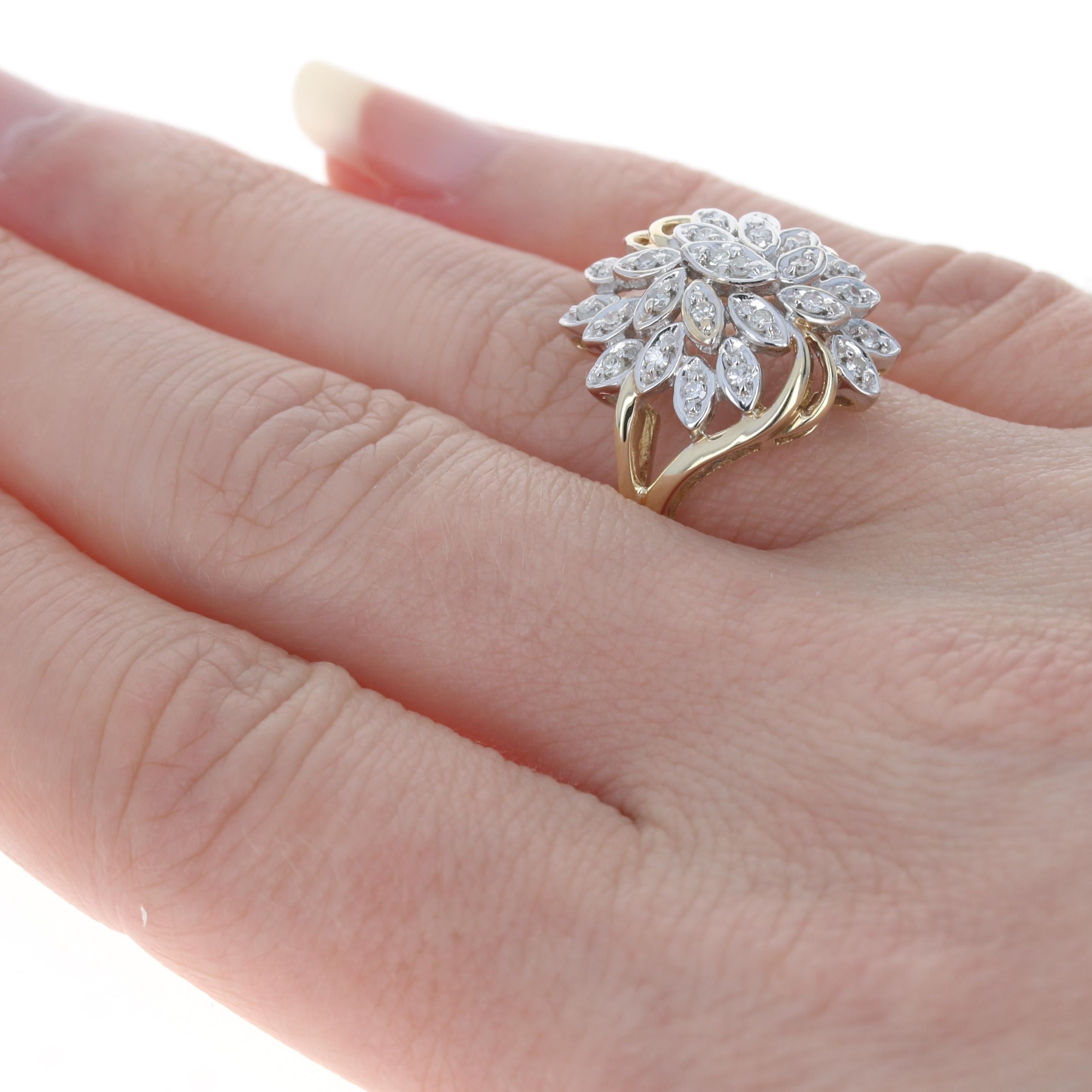 Yellow Gold Diamond Flower Cluster Bypass Ring, 14k Single Cut .25ctw In Excellent Condition In Greensboro, NC