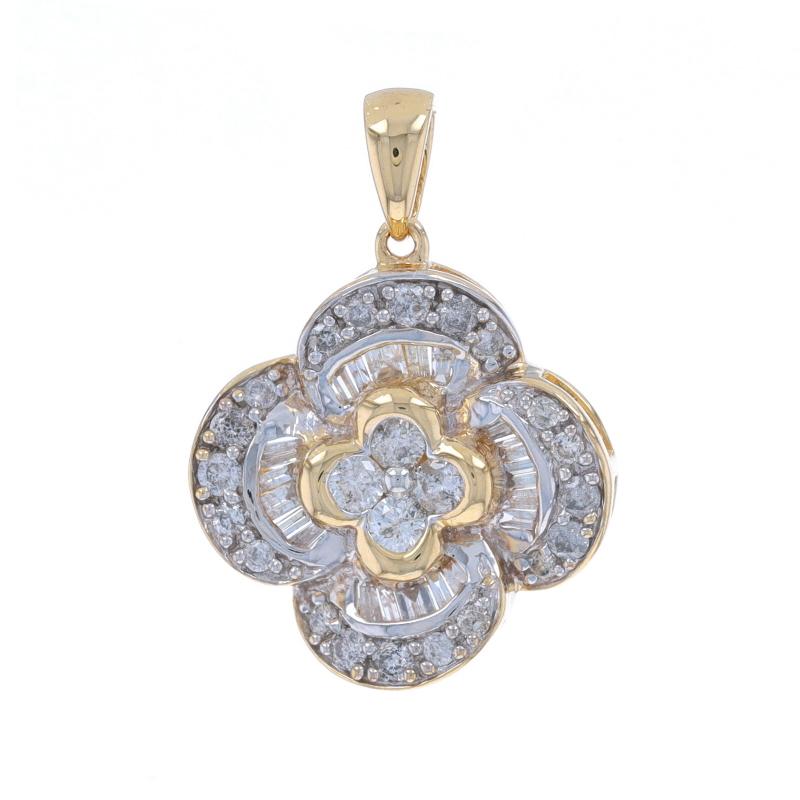 Contenu métallique : Or jaune 14k et or blanc 14k

Informations sur les pierres

Diamants naturels
Carat(s) : 1.00ctw
Taille : Ronde, Brilliante et Baguette
Couleur : H - I
Clarté : I1 - I2

Total des carats : 1.00ctw

Style : Halo en grappe
Thème :