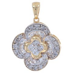 Yellow Gold Diamond Flower Cluster Halo Pendant - 14k Round & Baguette 1.00ctw
