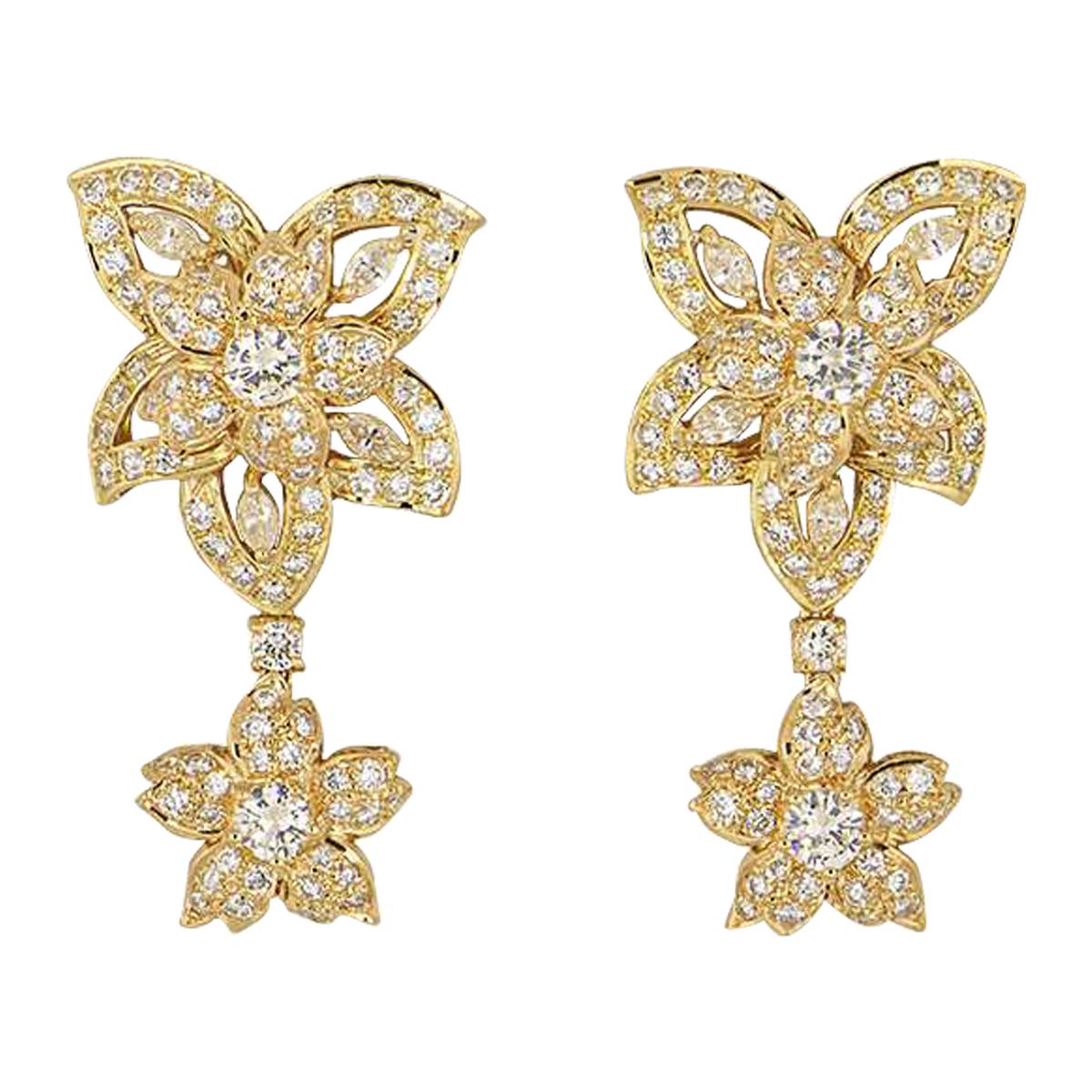 Diamond Gold Flower Drop Earrings at 1stDibs