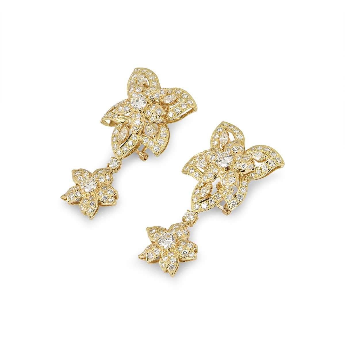 Gelbgold Diamant Blume Tropfen Ohrringe (Rundschliff) im Angebot