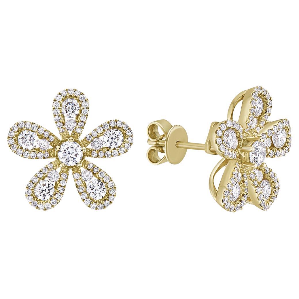 Yellow Gold Diamond Flower Earrings For Sale