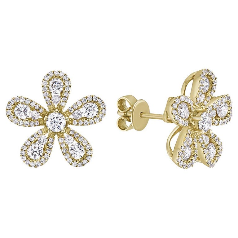 Yellow Gold Diamond Flower Earrings For Sale at 1stDibs