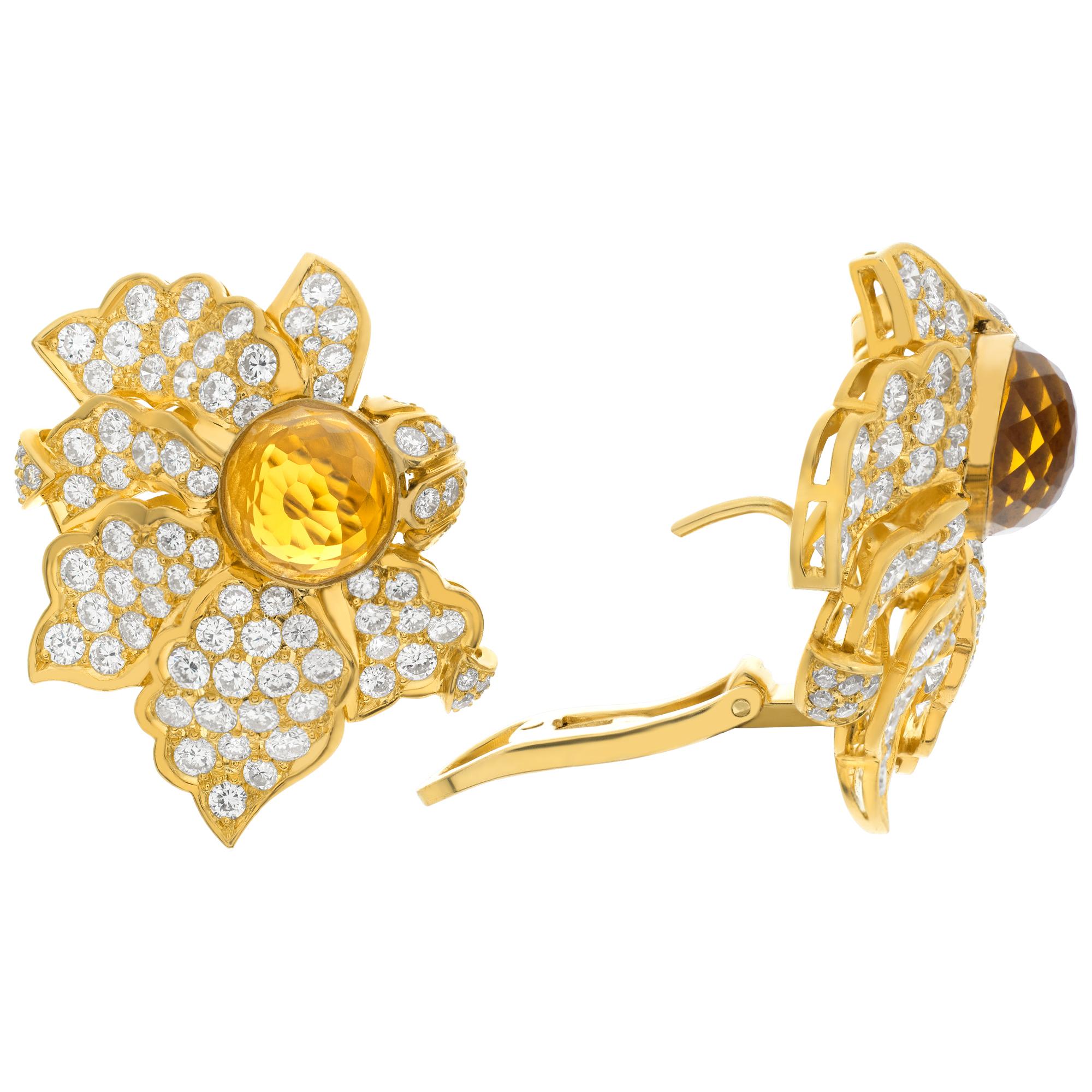 Women's Yellow gold diamond flower earrings with Brazilian orange Citrine center For Sale