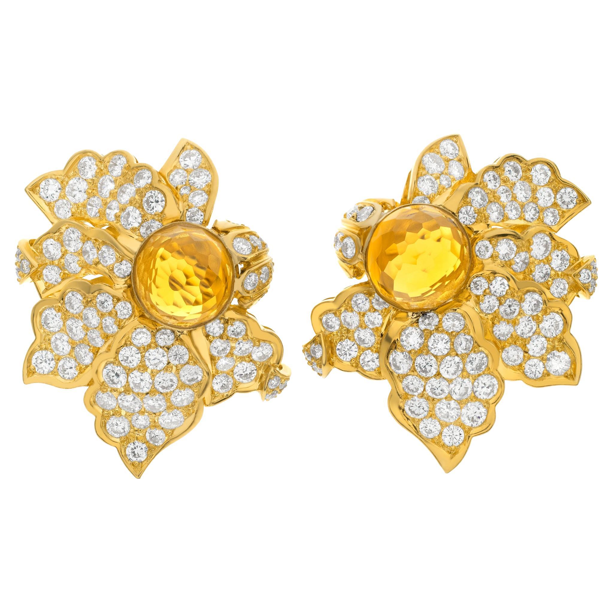 Yellow gold diamond flower earrings with Brazilian orange Citrine center For Sale