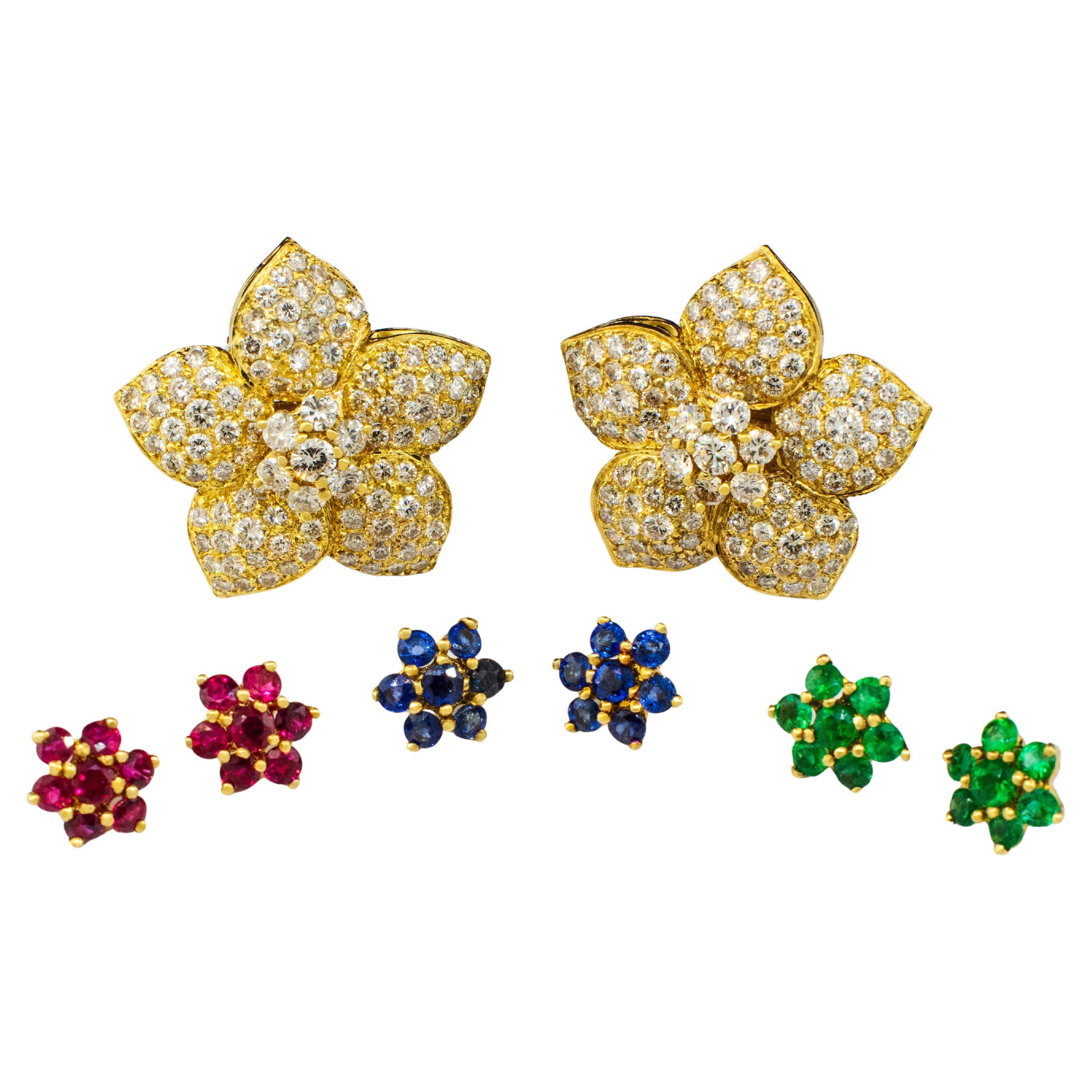 Orecchini a fiore in oro giallo con diamanti e inserti intercambiabili in vendita