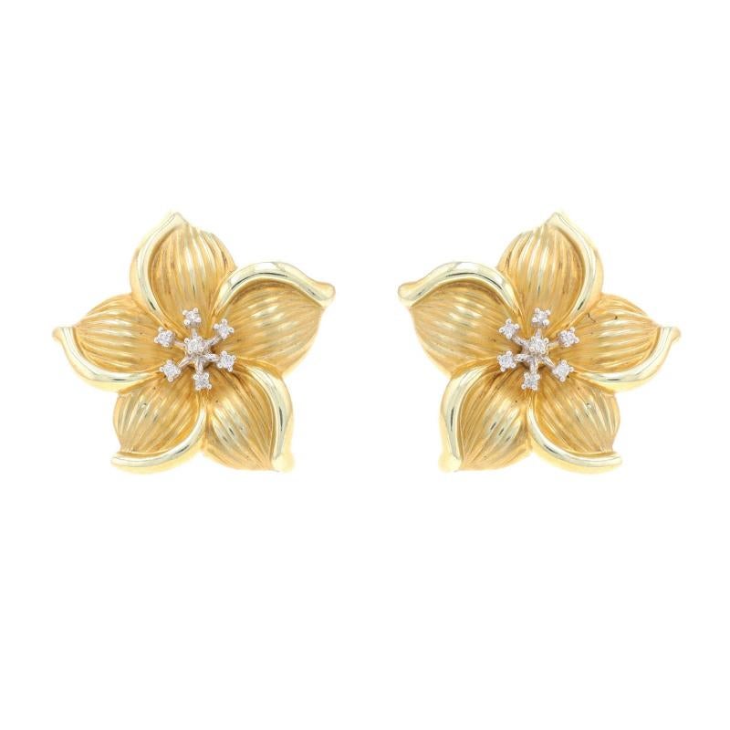 Yellow Gold Diamond Flower Large Stud Earrings 14k Rnd Plumeria Blossoms Pierced