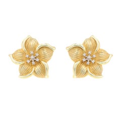 Yellow Gold Diamond Flower Large Stud Earrings 14k Rnd Plumeria Blossoms Pierced