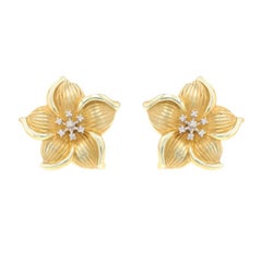Yellow Gold Diamond Flower Large Stud Earrings 14k Rnd Plumeria Blossoms Pierced