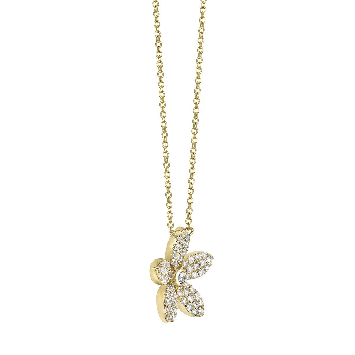 With this exquisite yellow gold diamond flower pendant, style and glamour are in the spotlight. This 14-karat pendant is made from 1.1 grams of gold, with a total of 66 round diamonds totaling 0.38 carats, all in SI1-SI2, GH color. A 14-karat