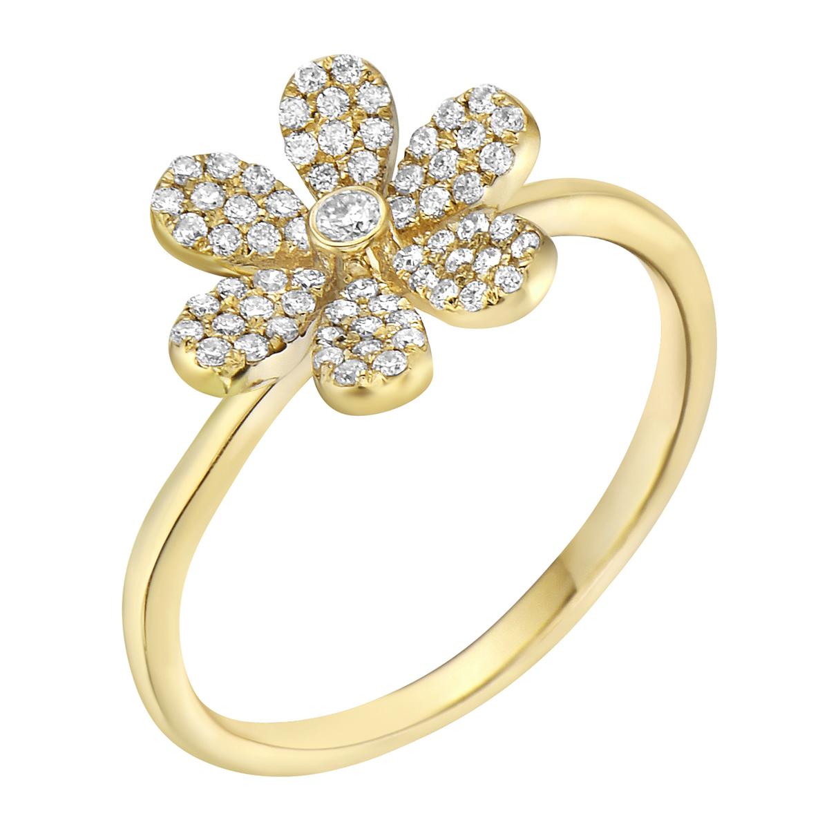Avec cette exquise bague fleur en or jaune et diamant, le style et le glamour sont à l'honneur. Cette bague en or jaune 14 carats est composée de 1,9 gramme d'or et est recouverte de 67 diamants ronds de couleur GH, SI1-SI2, totalisant 0,26ct. Cette