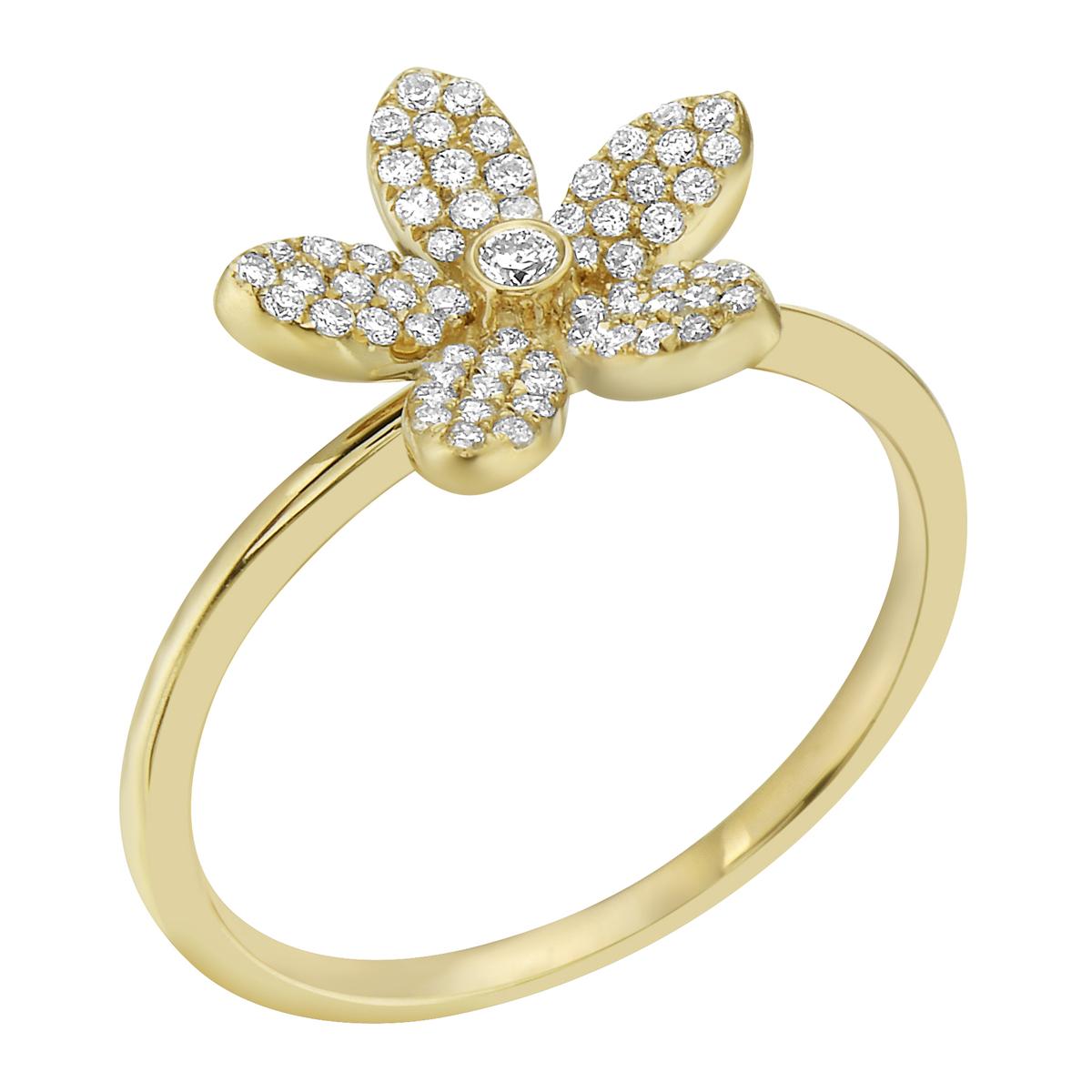With this exquisite yellow gold diamond flower ring, style and glamour are in the spotlight. This 14 karat yellow gold ring is made from 1.8 grams of gold and is covered in 66 round SI1-SI2, GH color diamonds totaling 0.25ct. This ring is size 6.5.