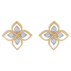 Yellow Gold Diamond Flower Stud Earrings - 14k Round .18ctw Quatrefoil Pierced