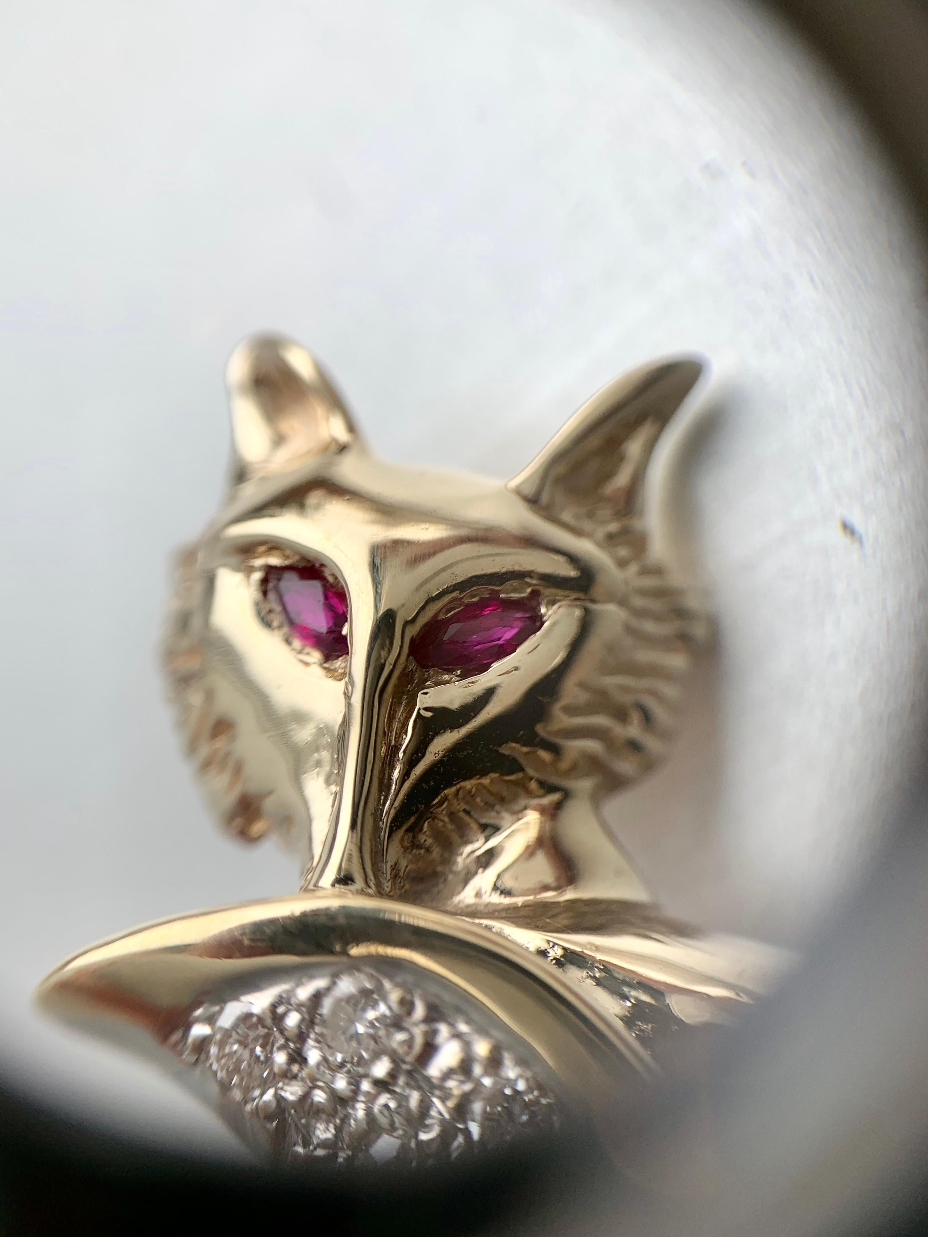 Yellow Gold Diamond Fox Pendant with Ruby Eyes For Sale 1