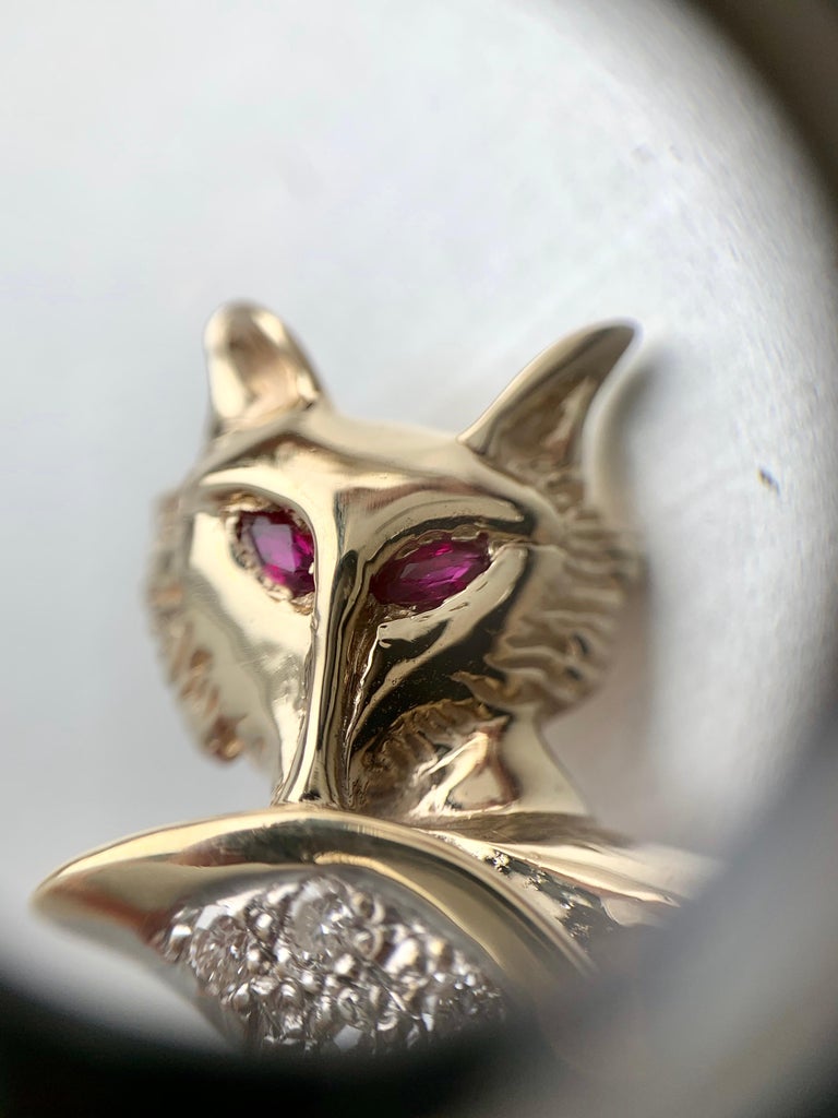 Yellow Gold Diamond Fox Pendant with Ruby Eyes For Sale at 1stDibs