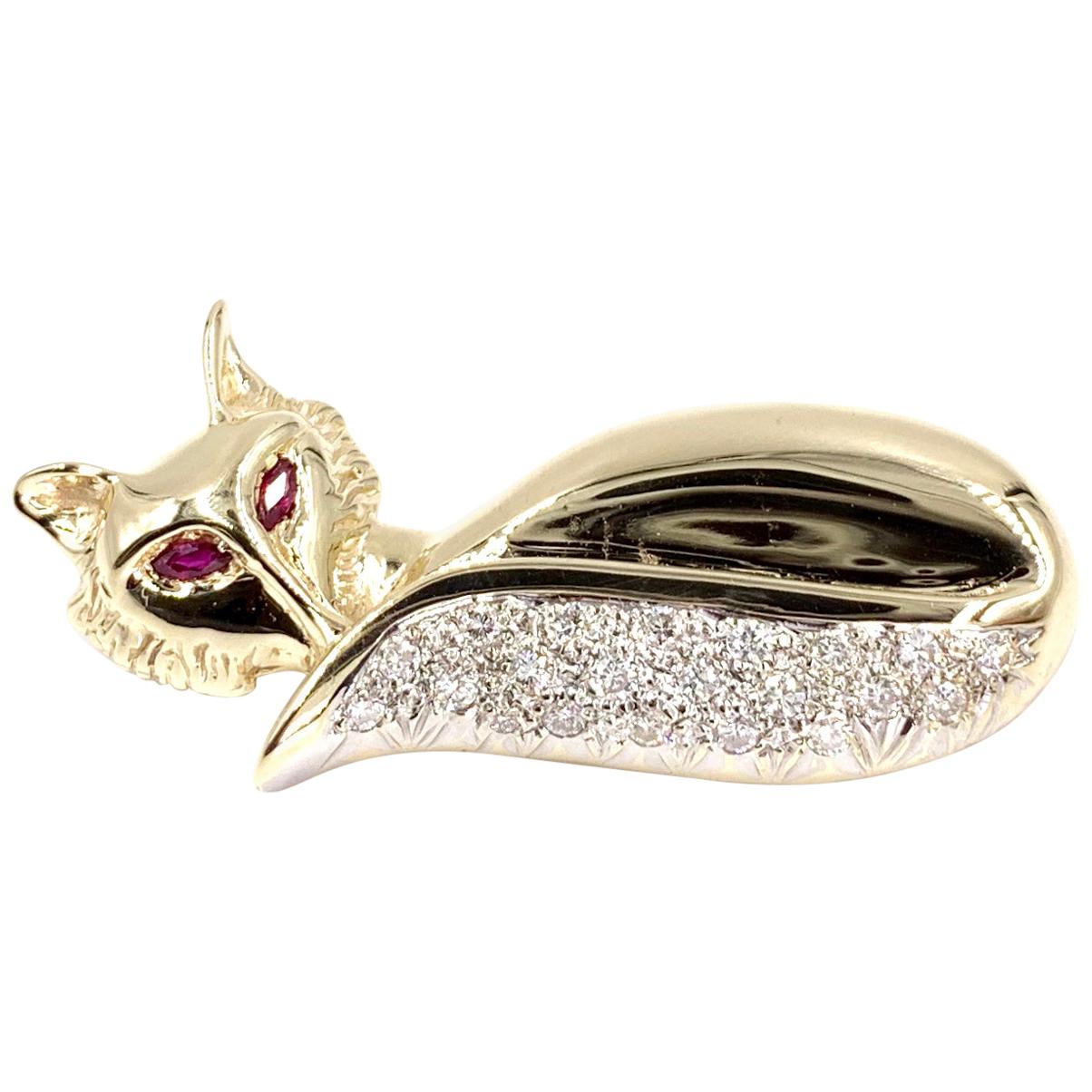 Yellow Gold Diamond Fox Pendant with Ruby Eyes For Sale