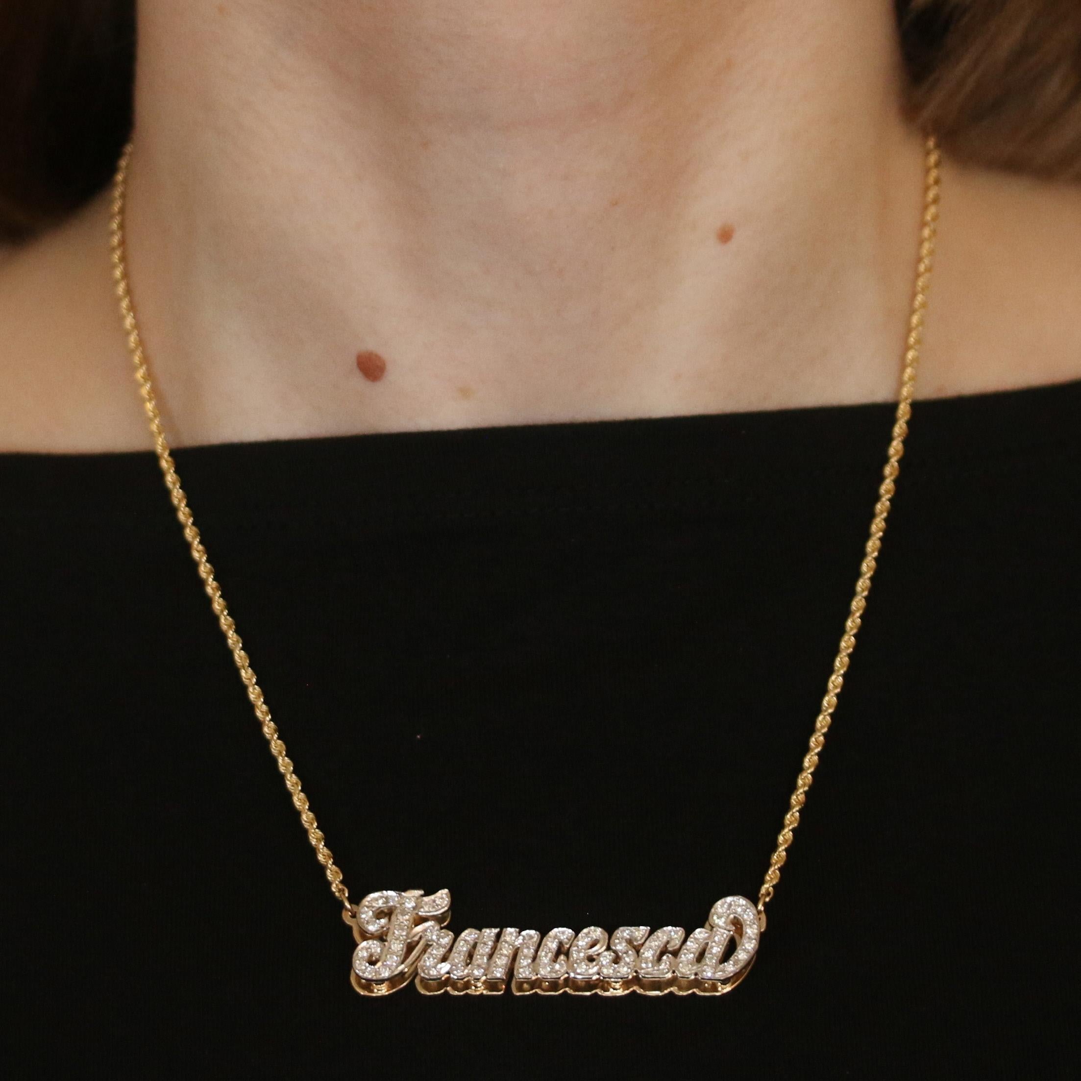 Round Cut Yellow Gold Diamond Francesca Bar Necklace, 14k Round 1.25ctw Monogram For Sale